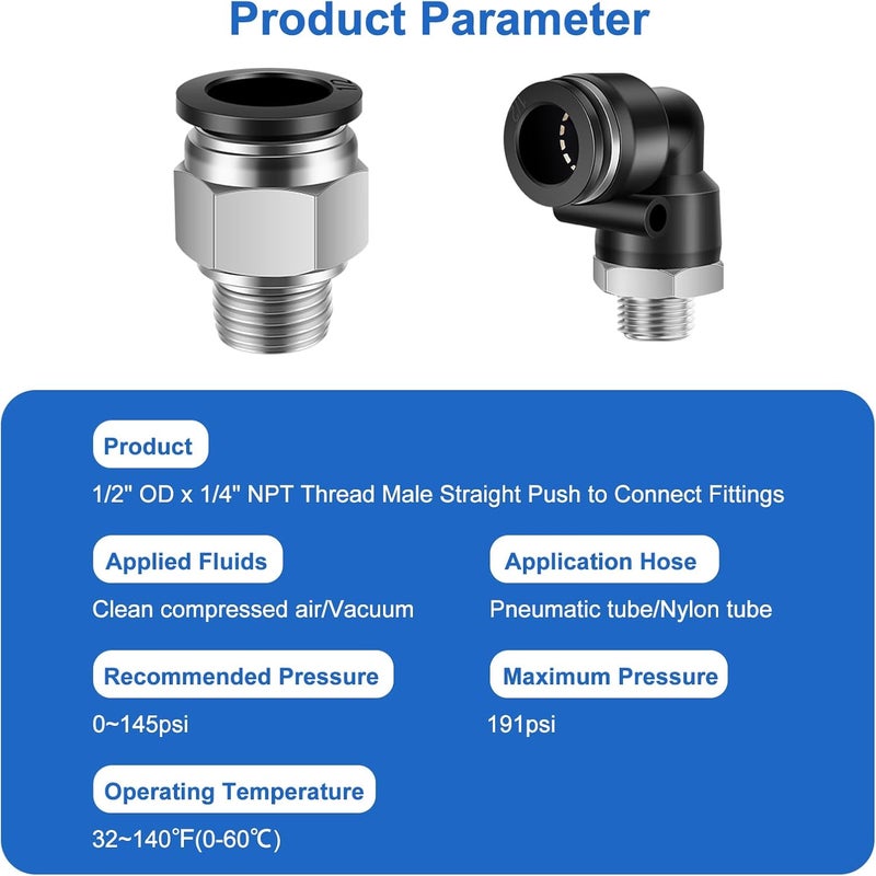 cnaodun 12 Pcs Push to Connect Fittings 1/2 Inch Tube OD x 1/4 Inch NPT Thread Pneumatic Male Straight and Elbow Quick Connect Air line fittings - Image 2